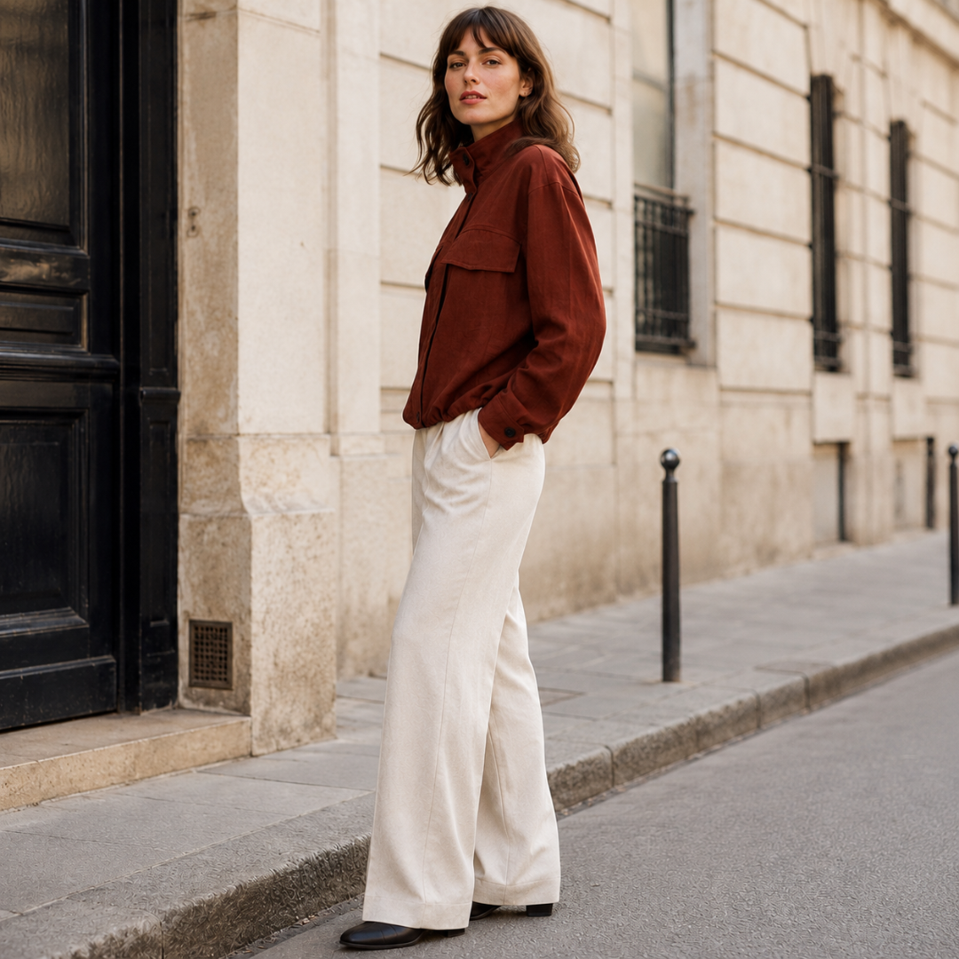 Vue de profil de la veste marron courte, base élastiquée et manches longues amples
