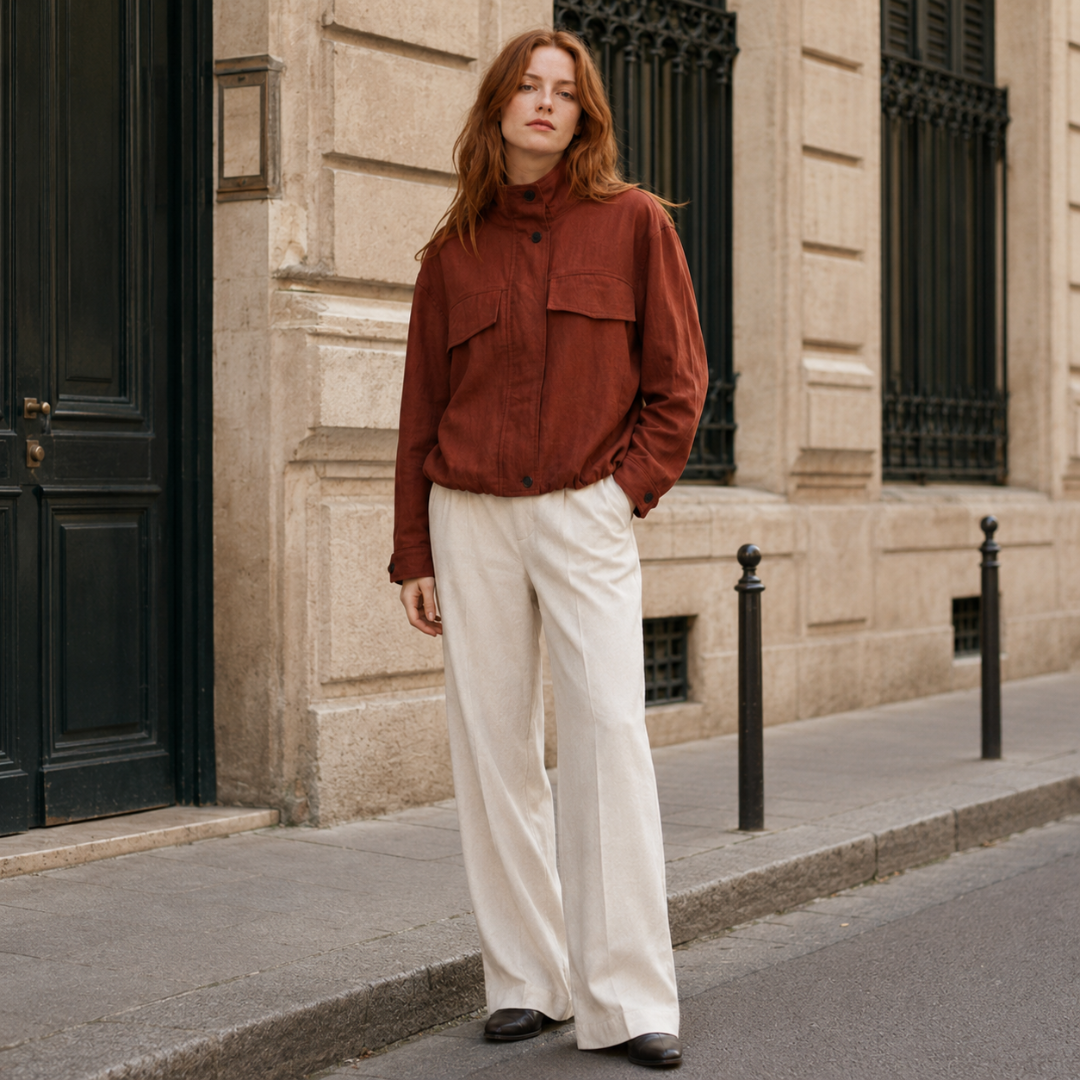 Veste marron courte portée ouverte en haut, épaules tombantes et taille élastiquée