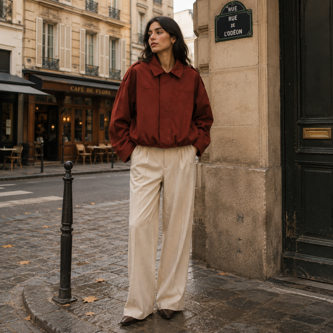 Veste marron ample col ouvert, manches longues froissées, silhouette dans une rue parisienne