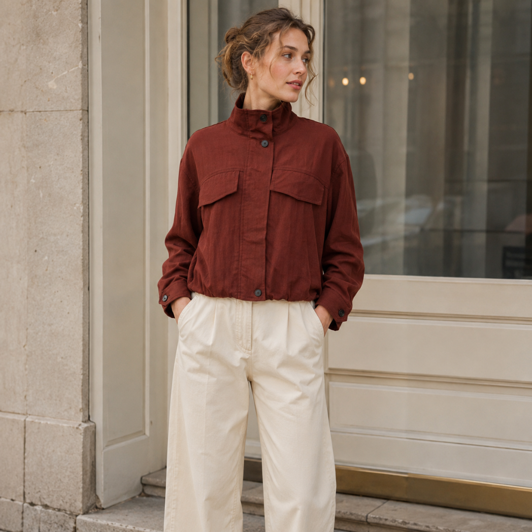 Détail de la veste marron : épaules tombantes, grandes poches et col haut