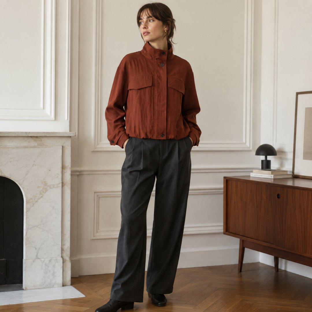 Veste courte marron en intérieur, silhouette ample et taille resserrée élastiquée