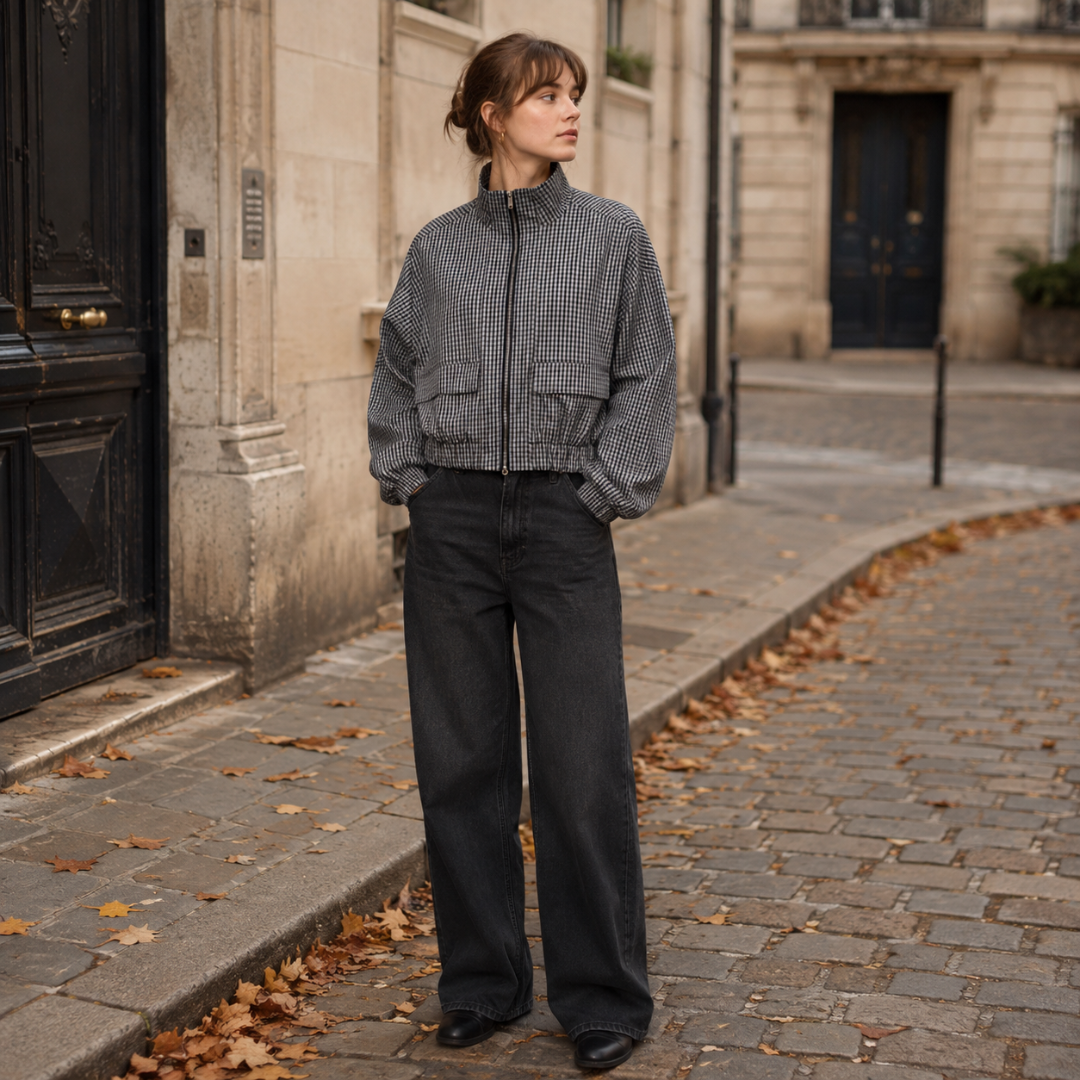 Veste grise à carreaux zippée portée avec un pantalon large noir en ville