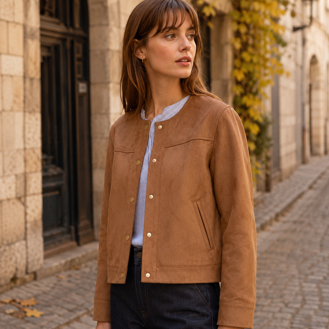 Veste courte marron ouverte, poche passepoilée et manches longues, ruelle pavée