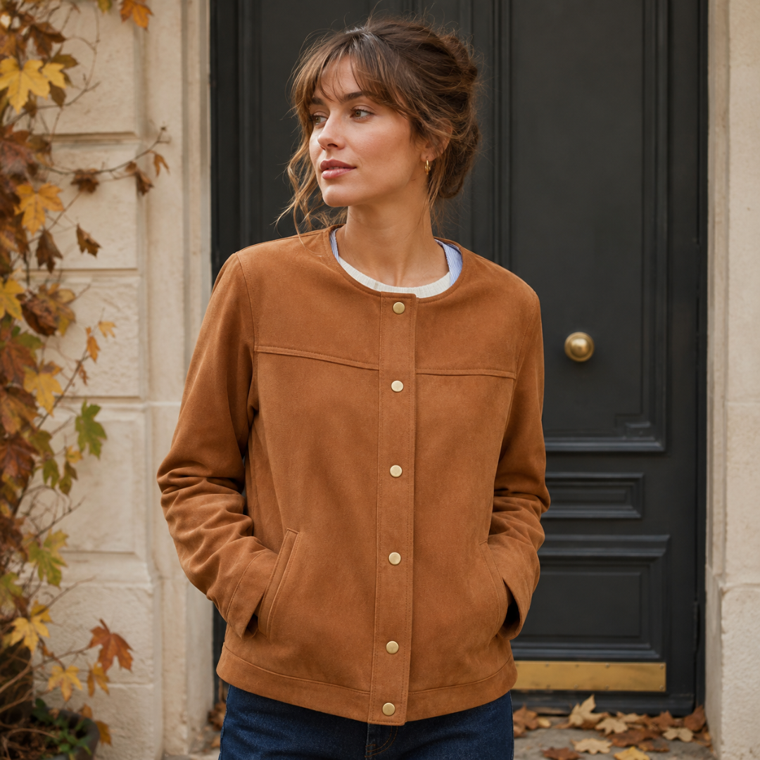 Veste femme marron fermée devant une porte noire, col rond et boutons dorés