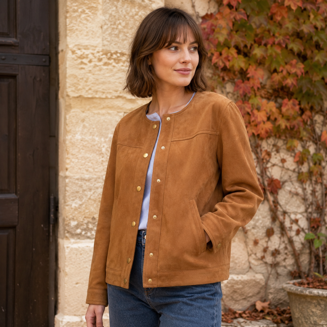 Veste marron entrouverte sur haut rayé bleu, poches latérales et boutons dorés visibles