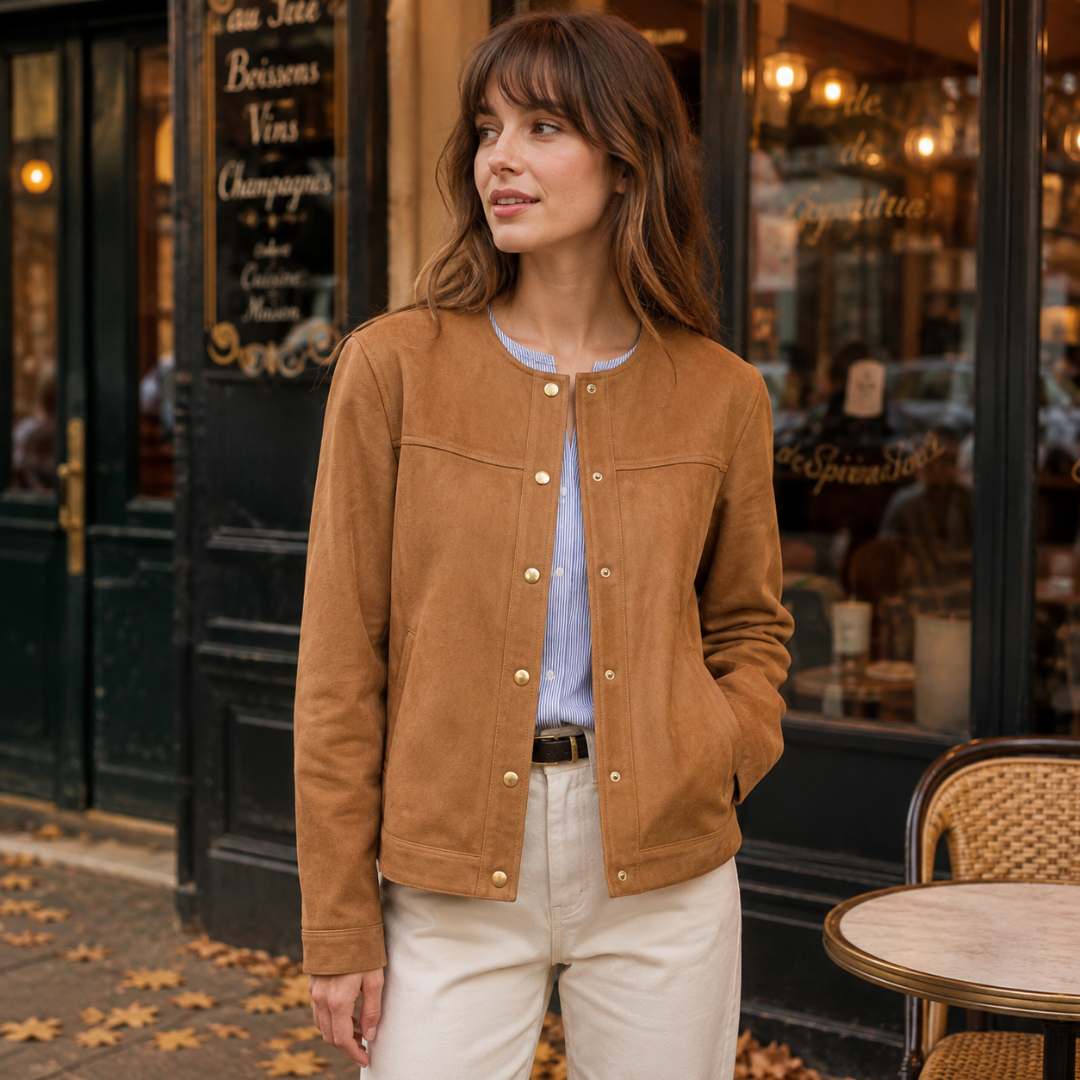 Veste femme marron col rond portée avec pantalon crème devant un café parisien
