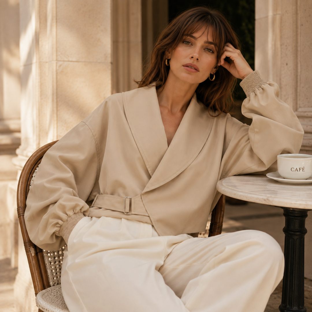 Femme assise en terrasse portant la veste beige à large col châle croisé