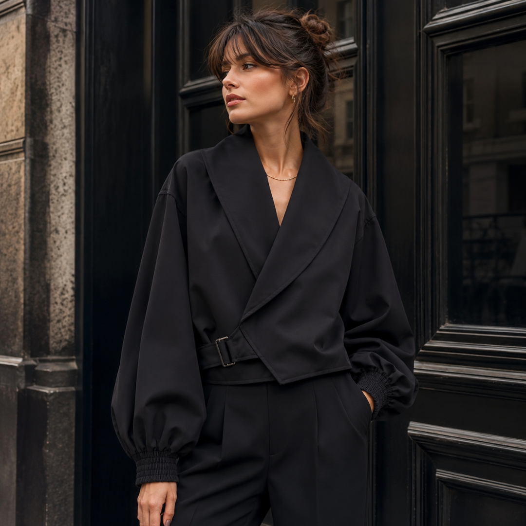 Veste noire courte oversize à col châle profond, ceinture ajustée sur la taille