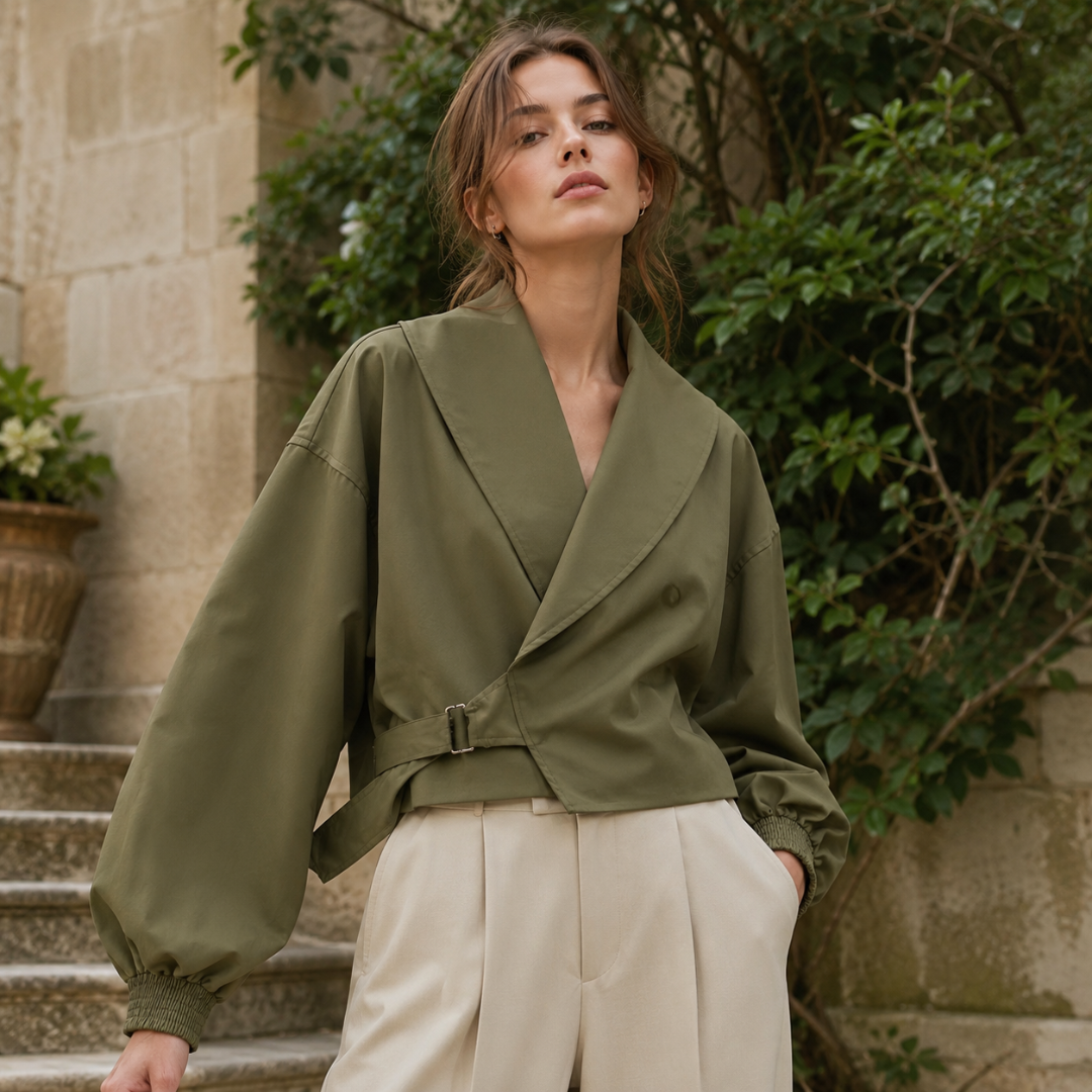Veste courte verte oversize à col châle croisé et fine ceinture à boucle métallique