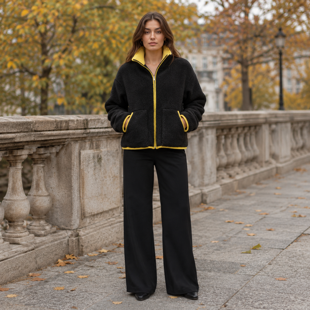 Veste noire effet peluche avec col montant doublé jaune et deux poches devant