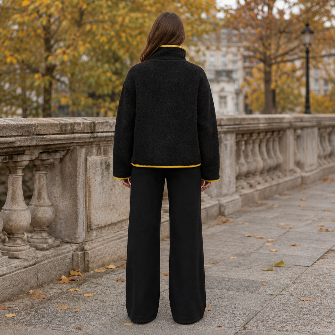 Dos de la veste noire courte, épaules souples et liseré jaune au bas du vêtement