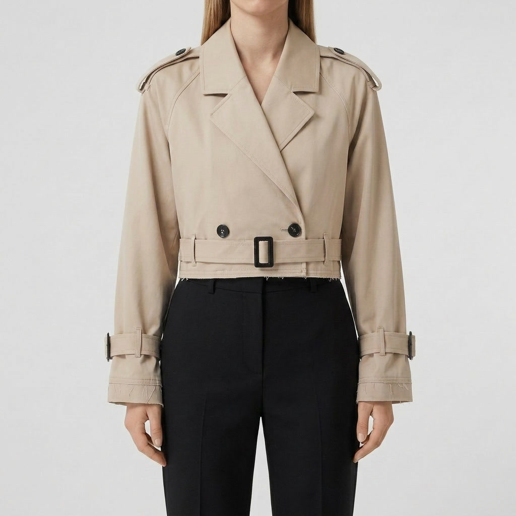 Détail boucle de ceinture du trench court beige