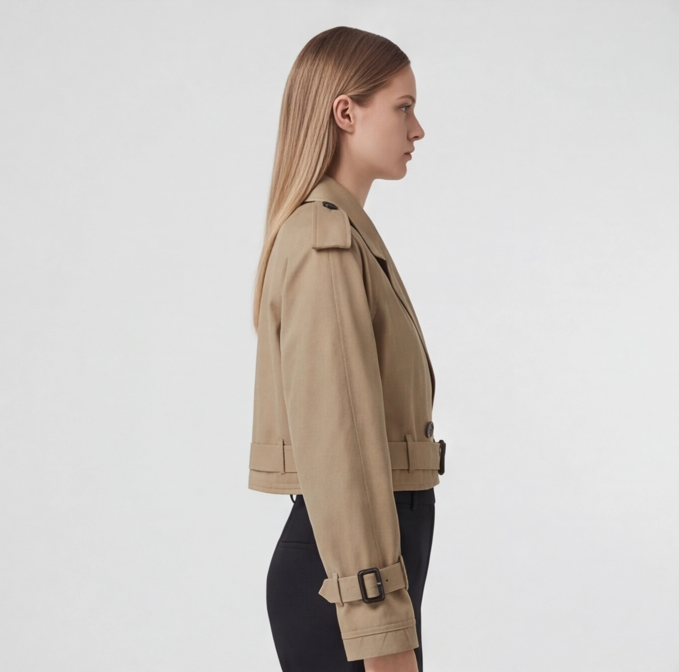 Détail encolure et col du trench court khaki