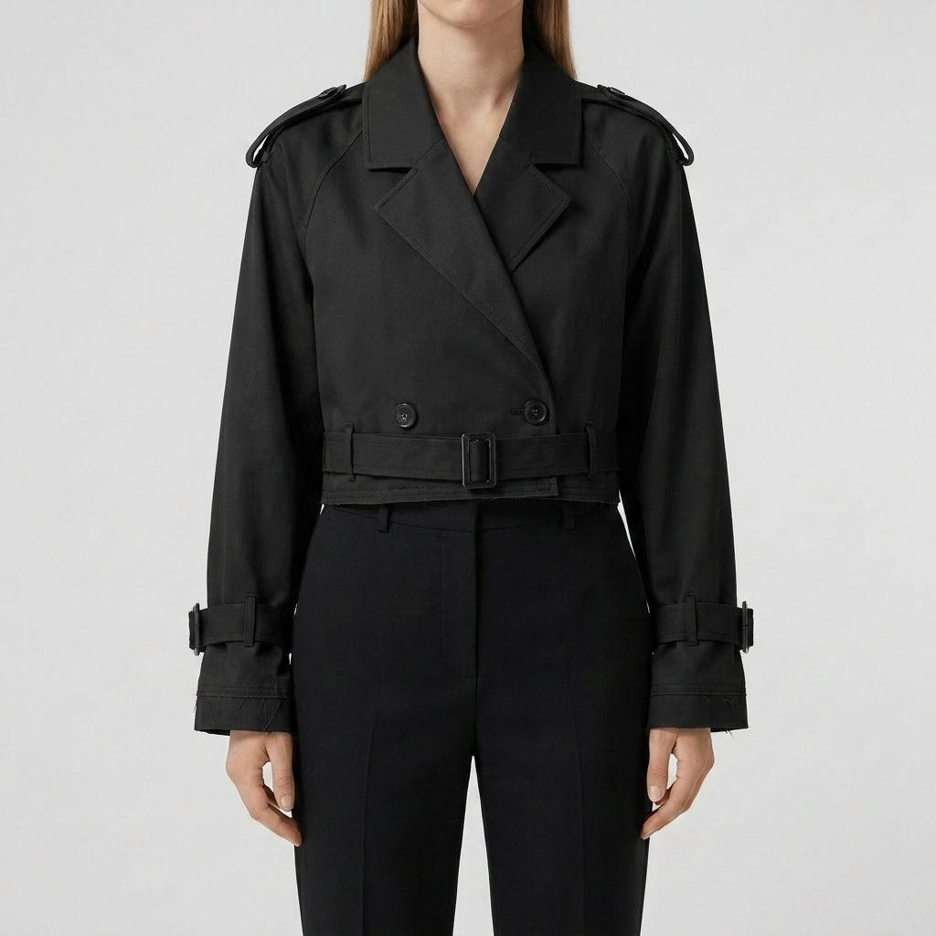 Détail col et revers du trench court femme en noir