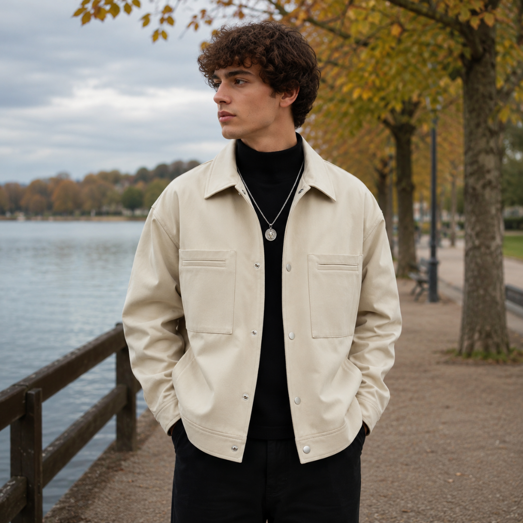 Veste homme beige à col chemise, pressions argentées et poches poitrine apparentes