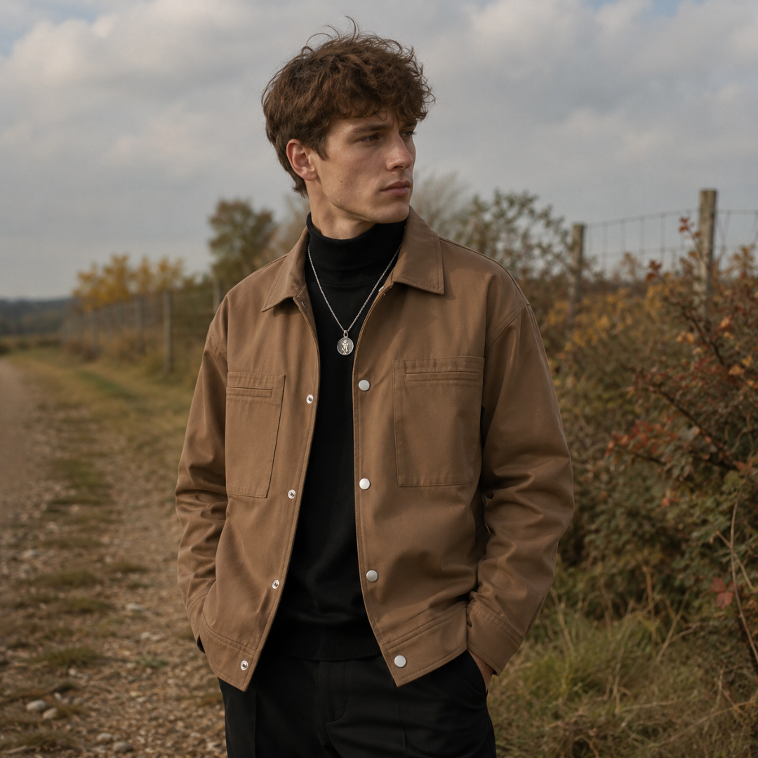 Veste homme marron boutonnée par pressions, col chemise ouvert sur un col roulé noir