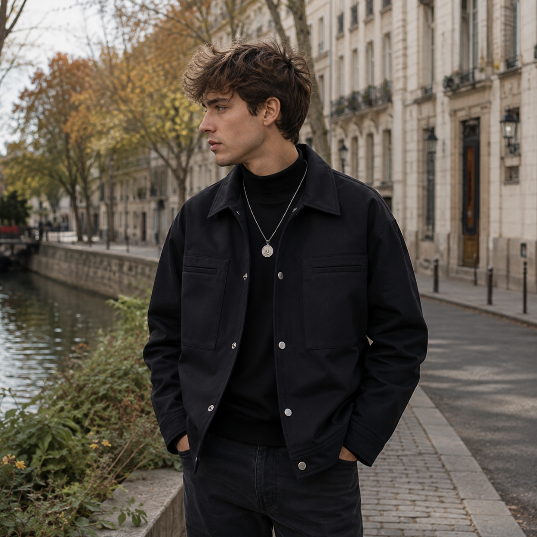 Veste homme noire à col chemise avec pressions argentées et poches poitrine à fente