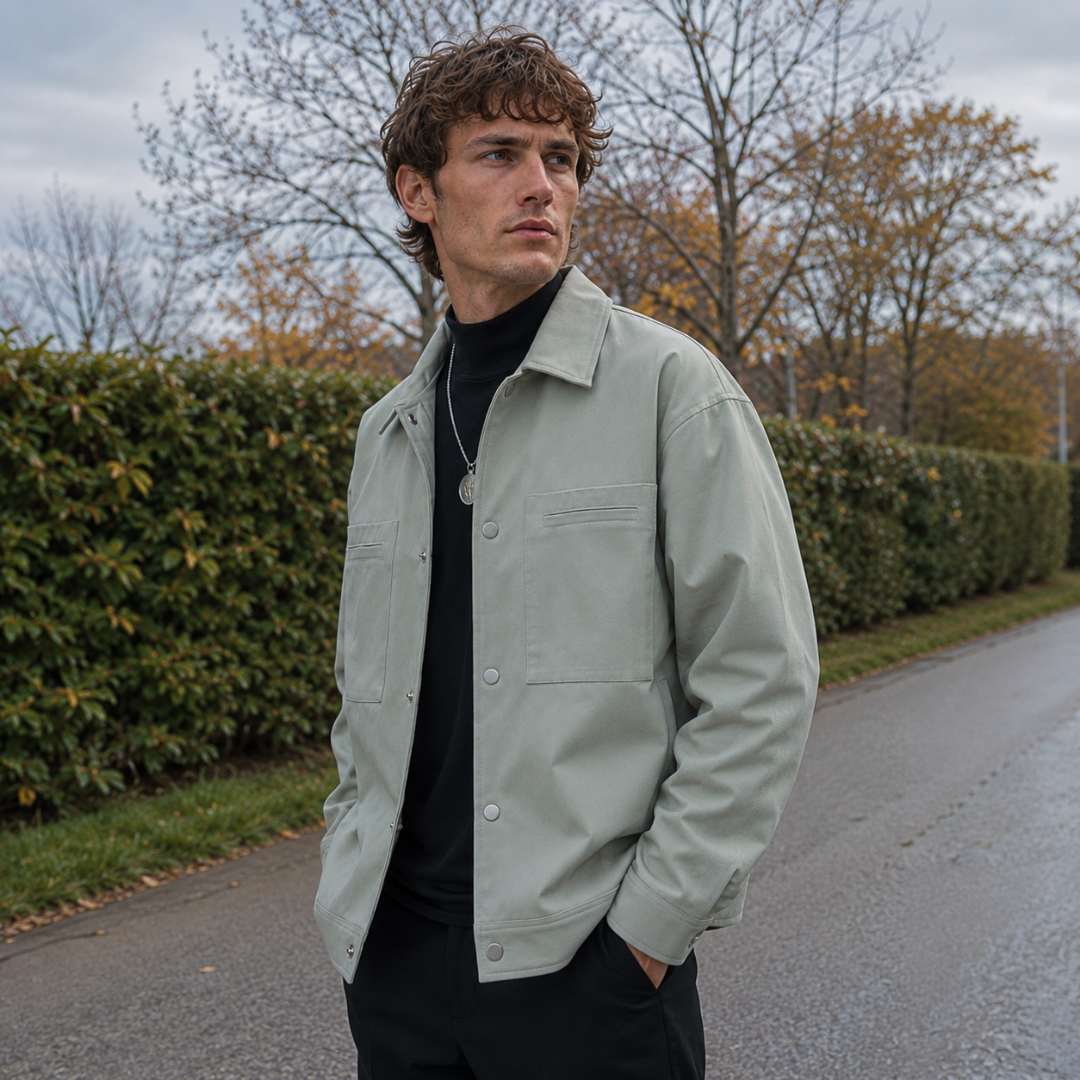 Veste verte homme ouverte montrant les deux poches poitrine à fente horizontale