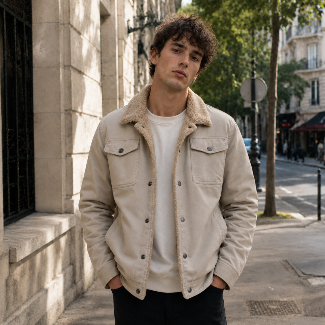 Veste homme beige avec col bouclé et boutons pression, portée ouverte en ville