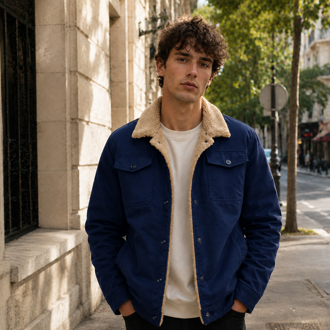Veste homme bleu marine à col bouclé beige et fermeture boutonnée devant