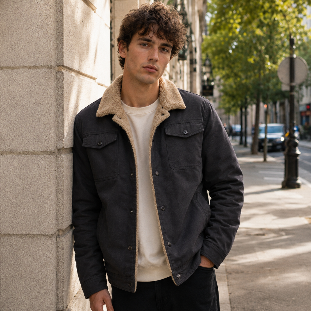 Veste homme noire avec col bouclé relevé et poches poitrine à rabat