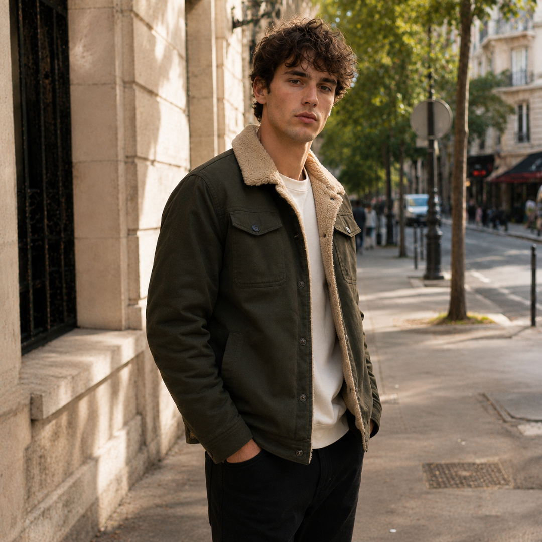 Veste verte homme de trois quarts, col bouclé relevé et boutons pression devant