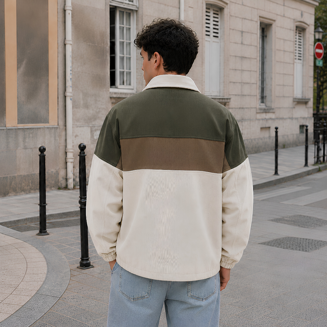 Dos de la veste homme crème montrant les empiècements vert et brun en velours côtelé