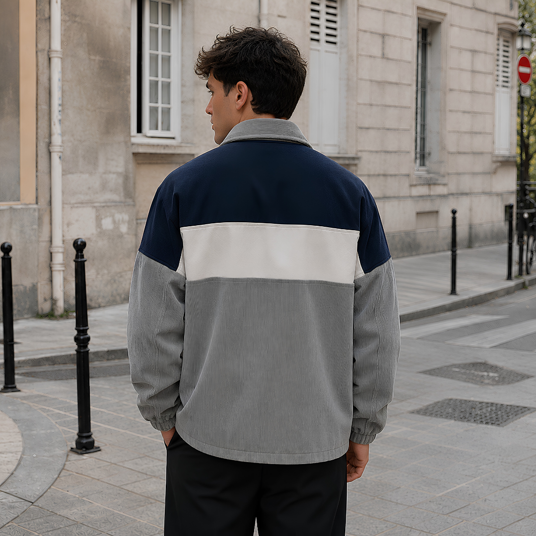 Dos de la veste homme grise color block avec bandes horizontales marine et blanche