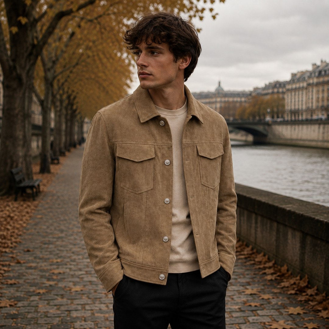 Veste homme trucker marron à col chemise et poches poitrine à rabat boutonné