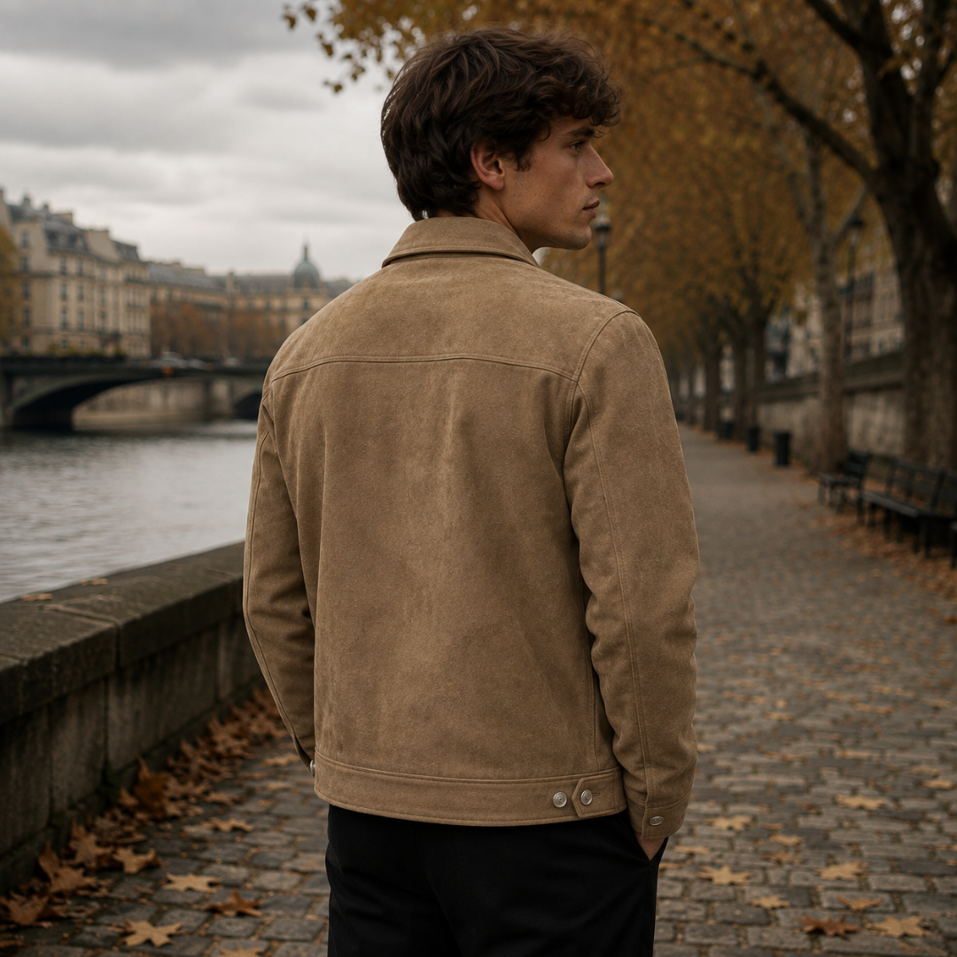 Dos de la veste homme marron avec empiècement et boutons de réglage à la taille