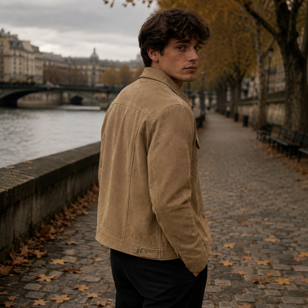 Veste marron vue de trois quarts dos, poignets boutonnés et découpes verticales