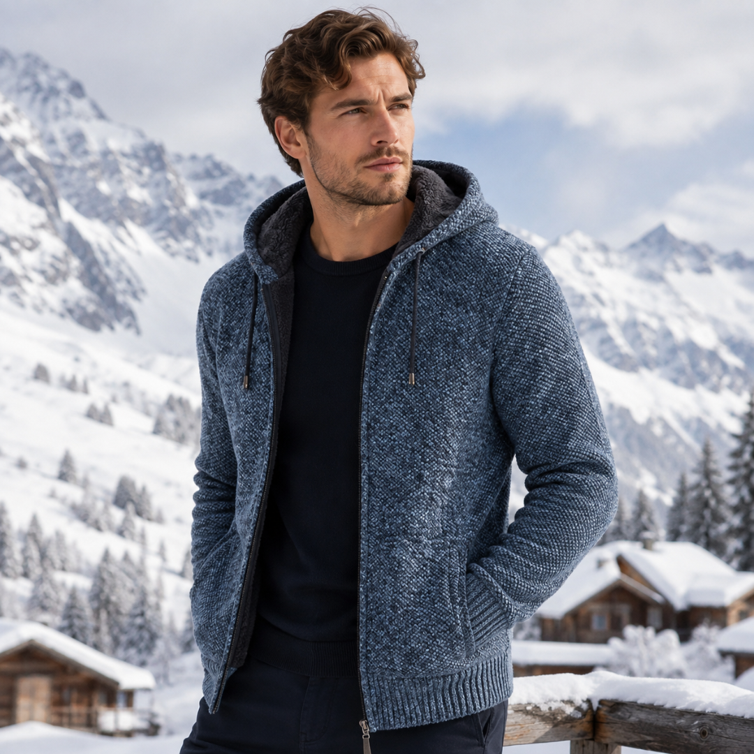 Veste homme bleue chinée à capuche, fermeture zippée et poches latérales devant chalets