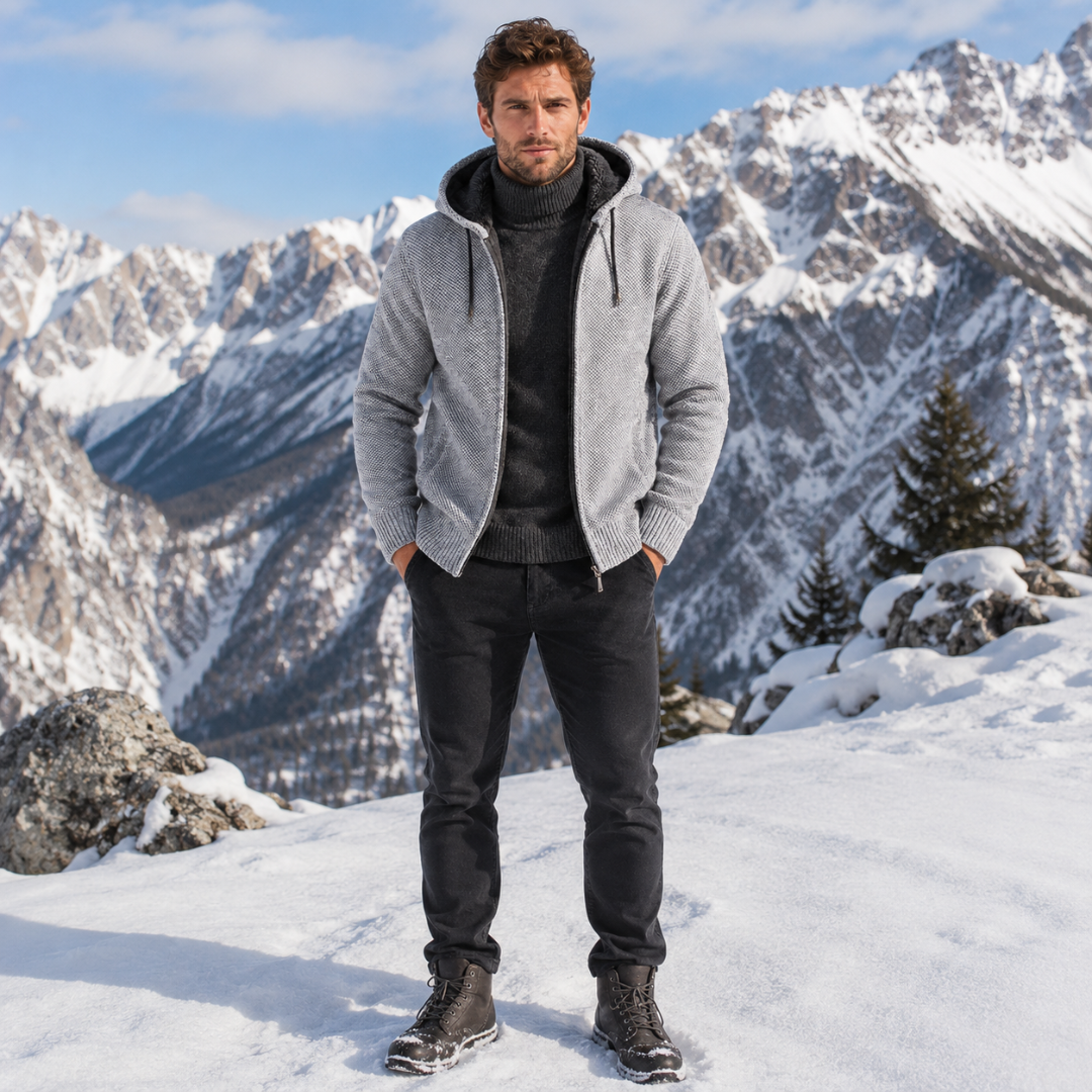Veste homme gris clair à capuche zippée portée en montagne enneigée, doublure moelleuse visible