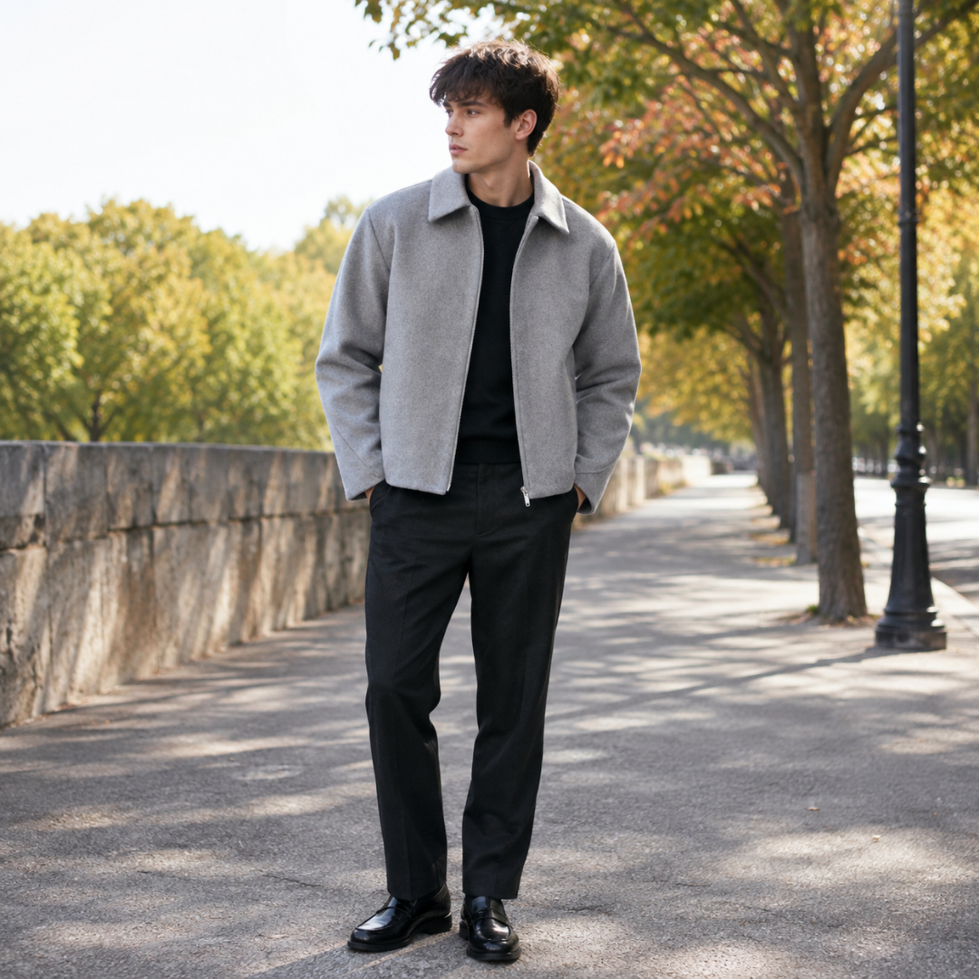 Veste homme grise zippée à col chemise portée ouverte sur un pull noir