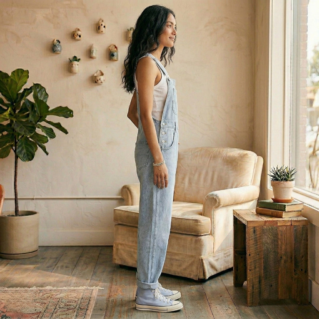 Combinaison Salopette Femme Jean Bretelles Larges Coupe Droite Casual | Zélie