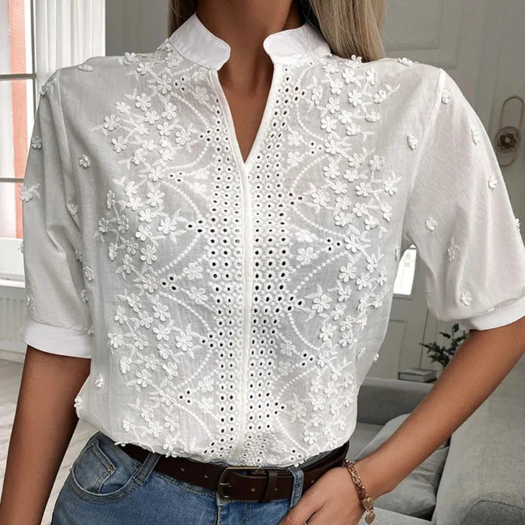 Chemisier Femme Col V Manches 3/4 Broderie Anglaise Dentelle Florale Style Chic Coloris Blanc | Amara