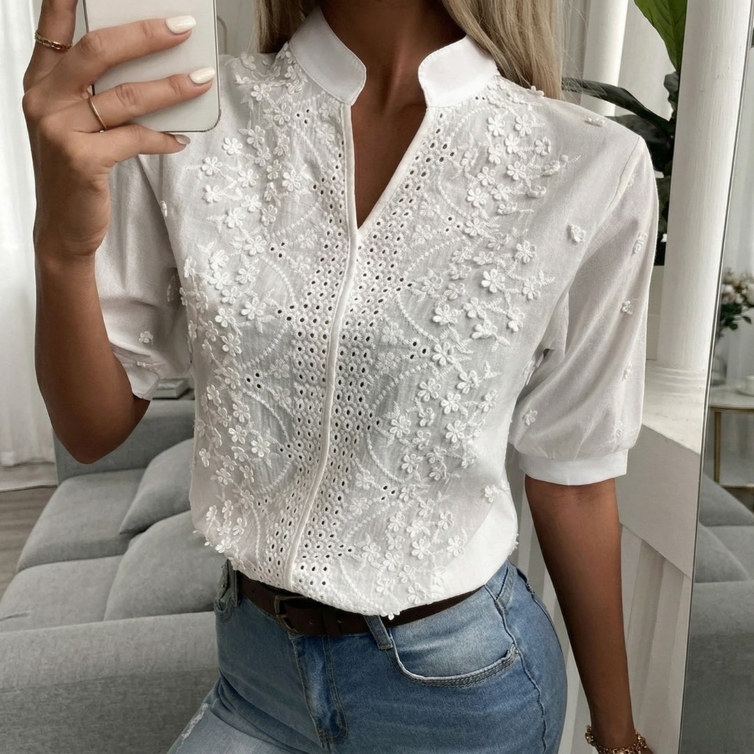 Chemisier Femme Col V Manches 3/4 Broderie Anglaise Dentelle Florale Style Chic Coloris Blanc | Amara_1