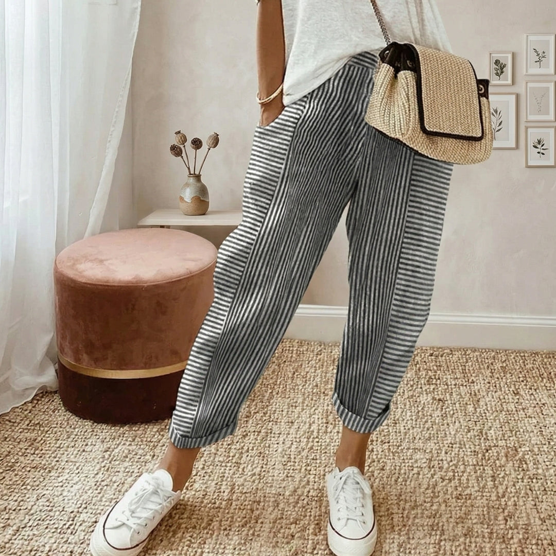 Pantalon Femme Rayé Coupe Droite Taille Élastique Été Casual Noir | Amaya