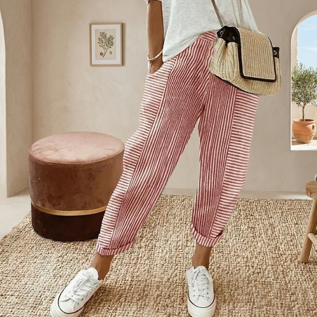 Pantalon Femme Rayé Coupe Droite Taille Élastique Été Casual Rose | Amaya