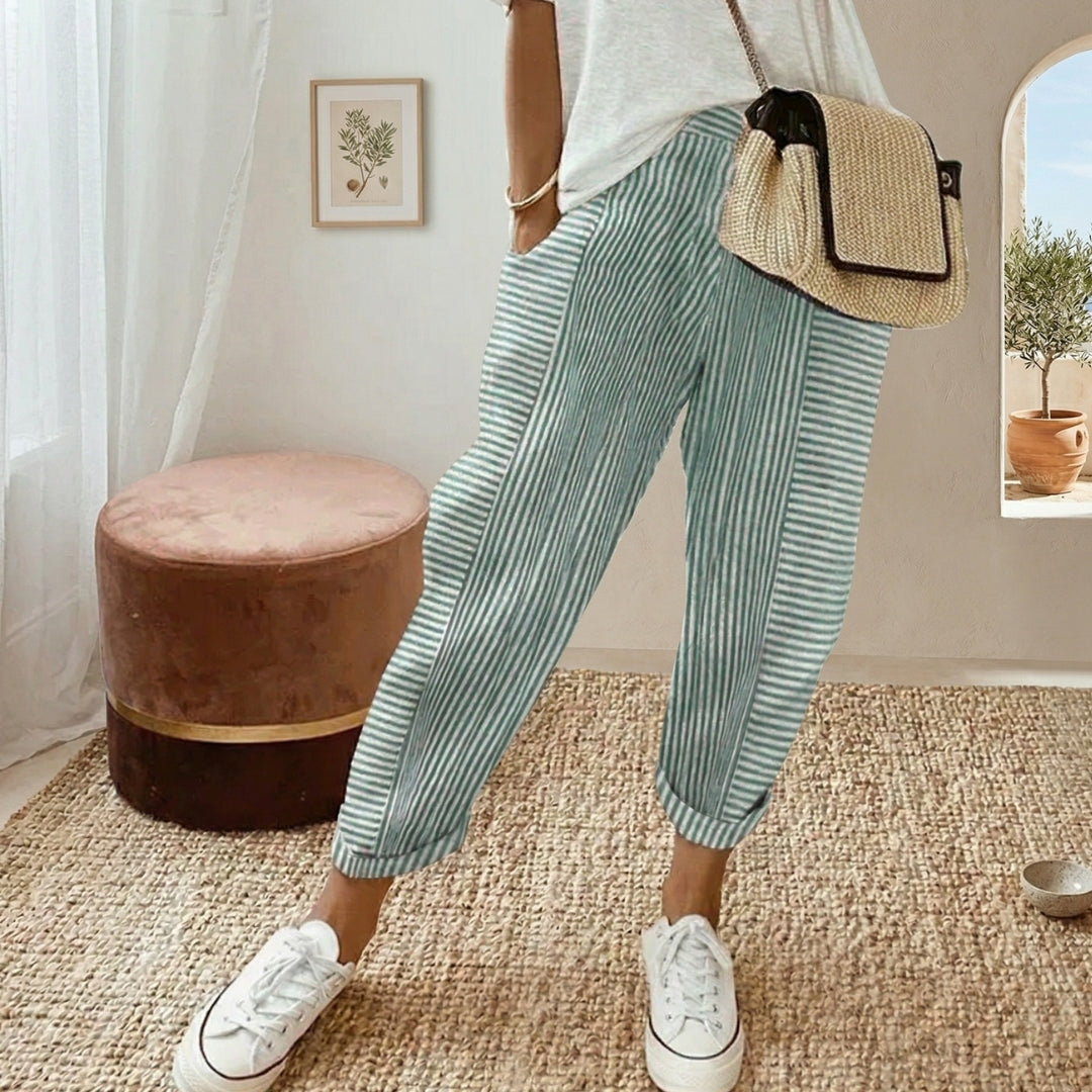Pantalon Femme Rayé Coupe Droite Taille Élastique Été Casual Vert | Amaya