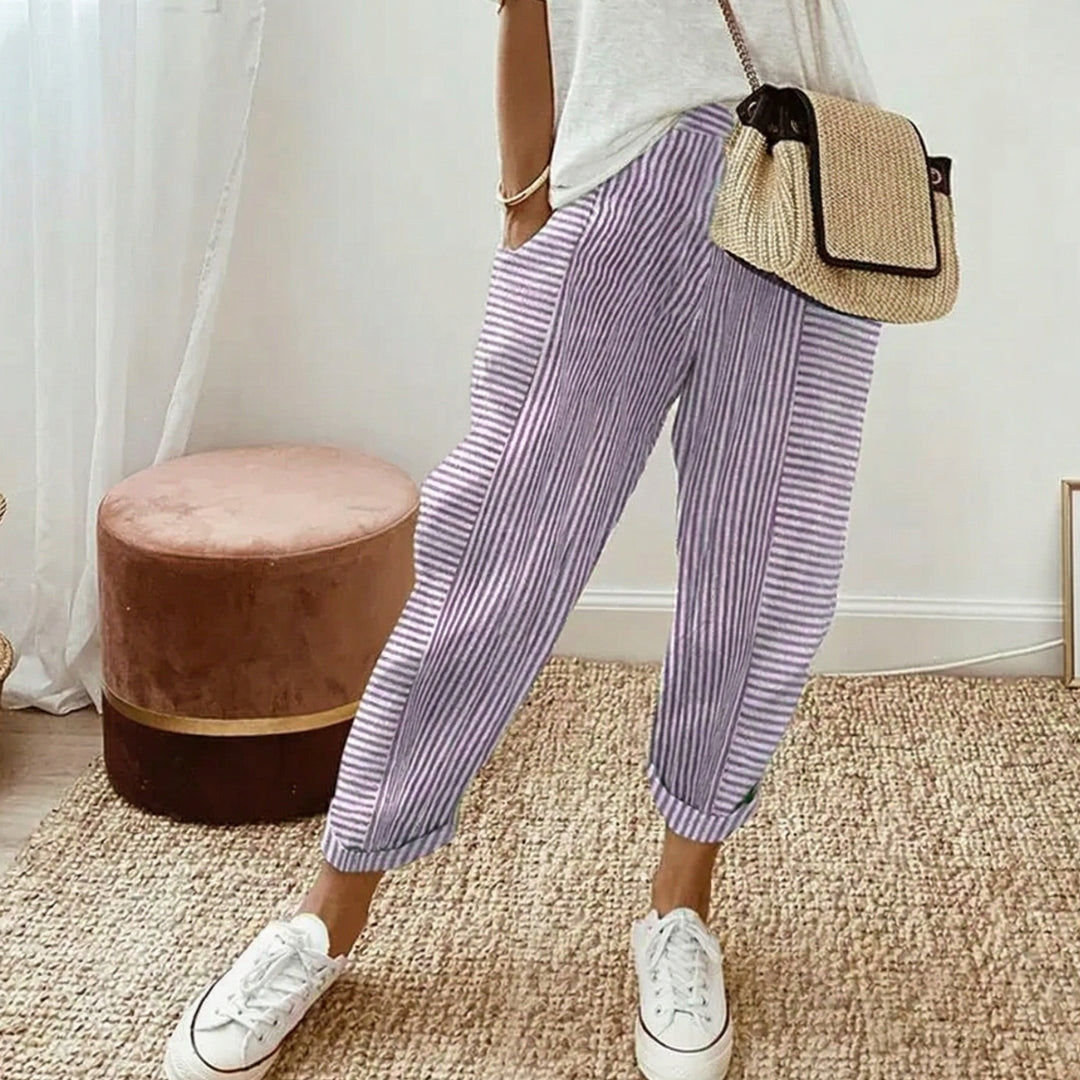 Pantalon Femme Rayé Coupe Droite Taille Élastique Été Casual Violet Clair | Amaya
