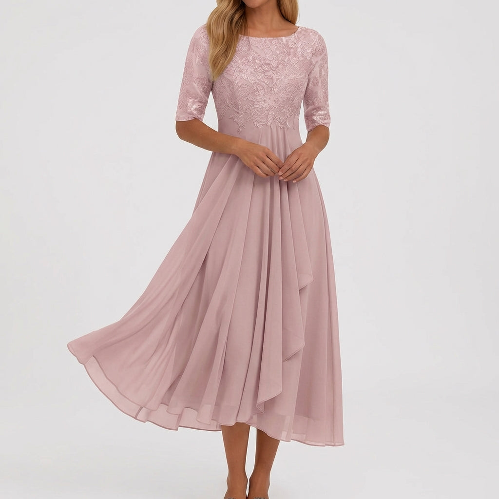 Robe midi en mousseline rose à manches trois-quarts avec haut en dentelle et jupe fluide évasée
