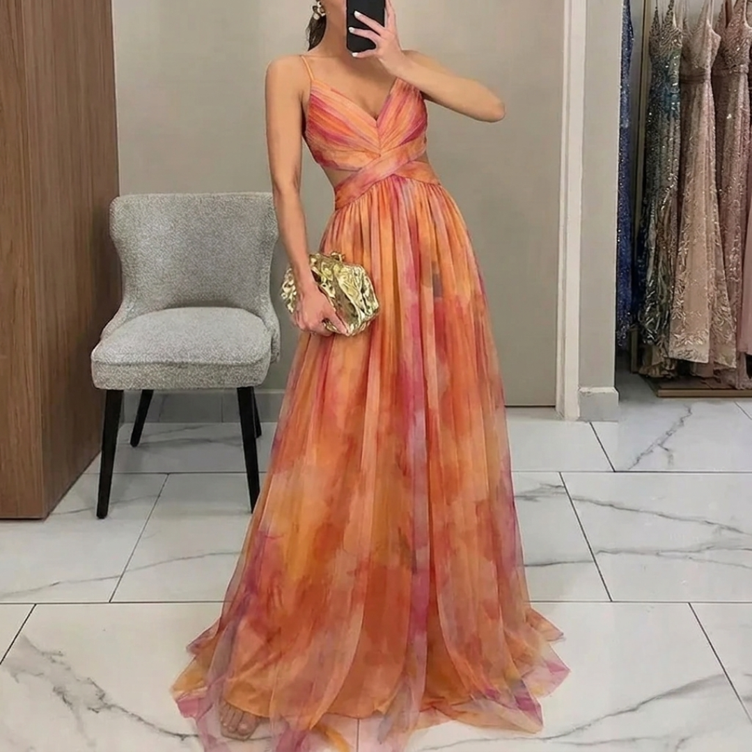 Robe Femme Longue Col V Sans Manches Orange Fleuri Soirée Élégante | Calista