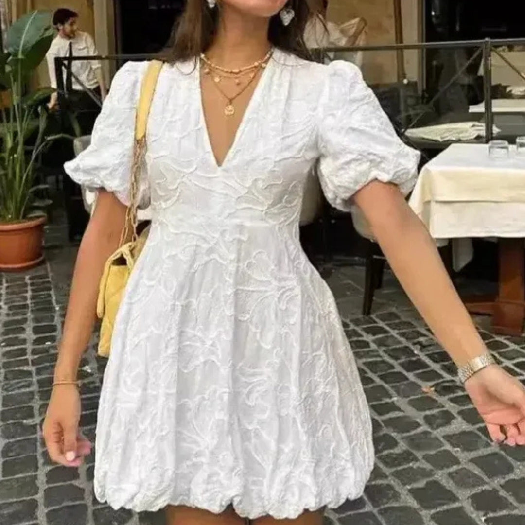 Robe Femme Courte Col V Manches Bouffantes Broderie Anglaise Bohème Chic | Capucine