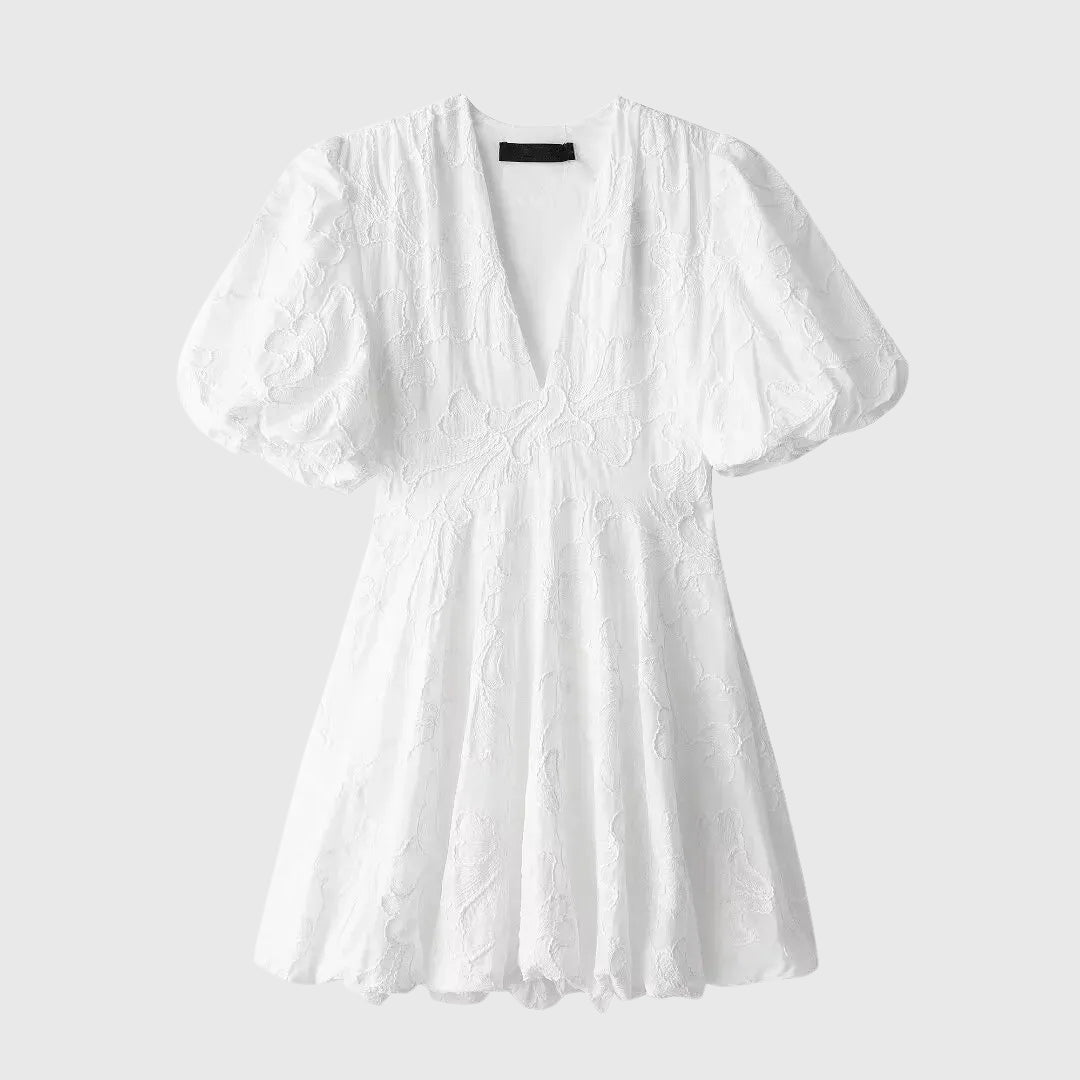 Robe Femme Courte Col V Manches Bouffantes Broderie Anglaise Bohème Chic | Capucine