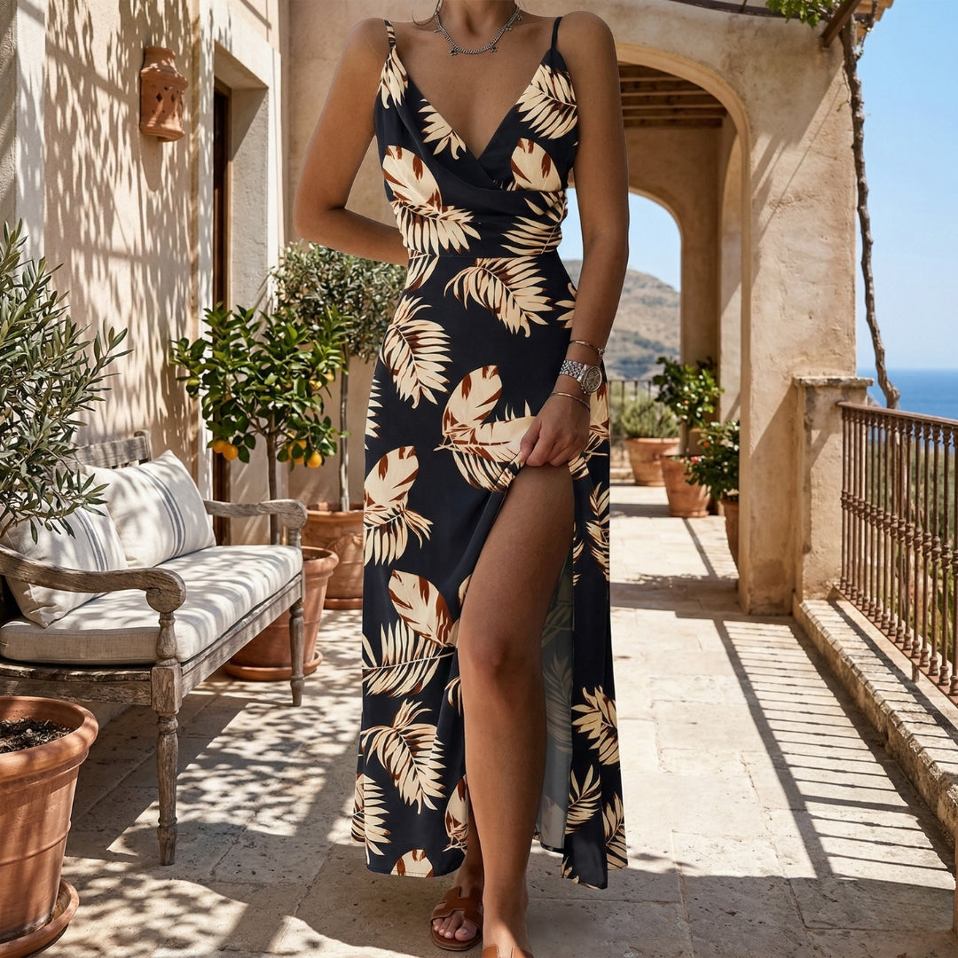 Robe Femme Longue Col V Croisé Sans Manches Fente Bohème Chic Noir Floral | Eléa