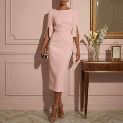 Robe Femme Midi Col Rond Manches Courtes Fendues Chic Élégant Rose | Isabeau