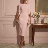 Robe Femme Midi Col Rond Manches Courtes Fendues Chic Élégant | Isabeau