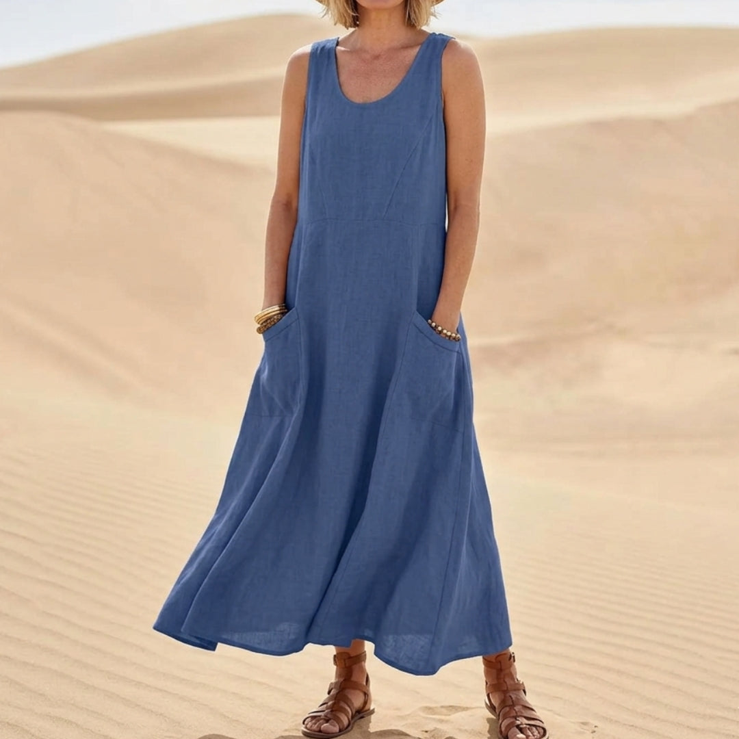 Robe Femme Longue Col Rond Sans Manches Poches Été Casual Lin | Isadora - Bleu