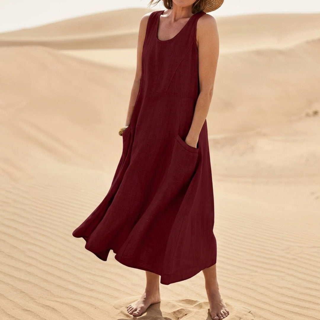 Robe Femme Longue Col Rond Sans Manches Poches Été Casual Lin | Isadora - Bordeaux